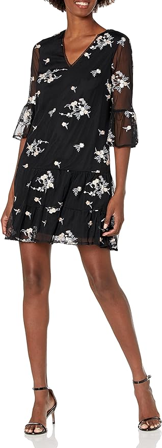 Adrianna Papell V-Neck Circular Flounce Sleeve Illusion Ruched Flutter Floral Embroidered Mesh Dress