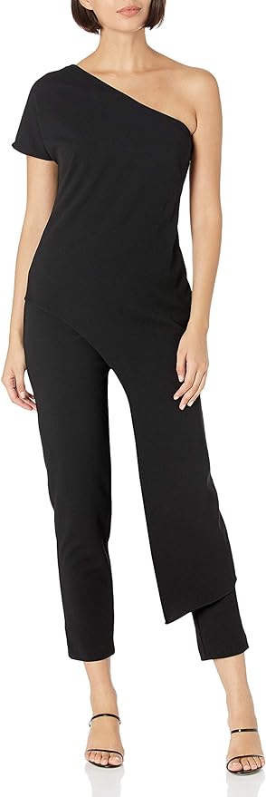 Adrianna Papell Asymmetrical One Shoulder Zipper Side Draped Crepe Jumpsuit