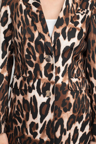 John Meyer Collection Notched Collar Long Sleeve Long Jacket Leopard Print Two Button Pockets Zipper Closure Pants Stretch Crepe Pant Set - Animal - Detail