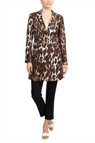 John Meyer Collection Notched Collar Long Sleeve Long Jacket Leopard Print Two Button Pockets Zipper Closure Pants Stretch Crepe Pant Set - Animal - Front