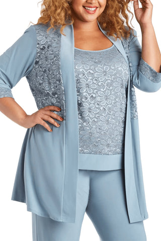 R&M Richards Sleeveless Laced Scoop Neckline Blouse Top Pleated Sequin Open Jacket Straight Leg Relaxed Trouser Pants Suit Dress (Plus Size)