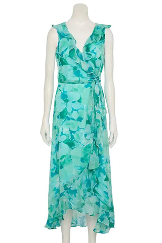 London Times Side Tie Ruffle Wrap Floral Chiffon Maxi Dress