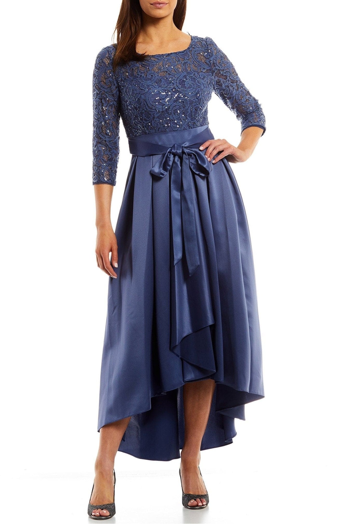 Alex Evenings Illusion Jewel Neckline Quarter Sleeves Ribbon