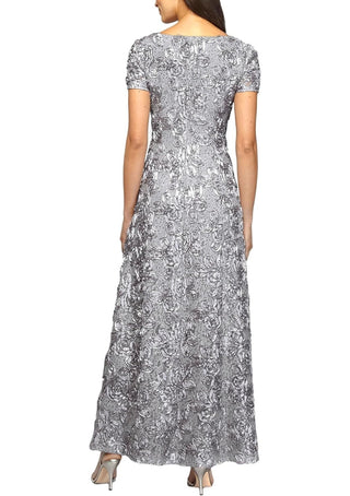 Alex Evenings Sequin Rosette Lace with Short Sleeves Dress - DOVE -Back