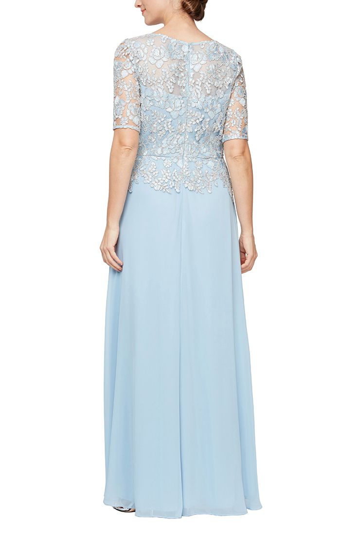 Alex Evening Embroidered Illusion Boat Neck Short Sleeve Zipper Back Chiffon Dress | Available at Curated Brands in Los Angeles Alex Evening Embroidered Illusion Boat Neck Short Sleeve Zipper Back Chiffon Dress | Available at Curated Brands in Los Angeles