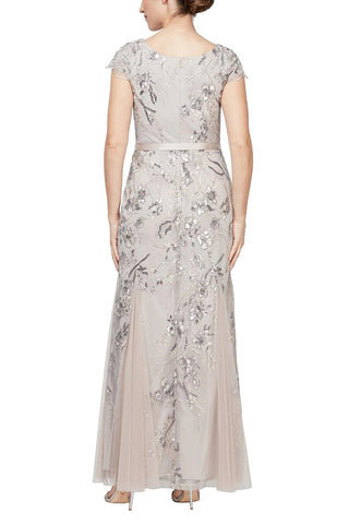 Alex Evenings Boat Neck Cap Sleeve Tie Waist Embroidered Mesh Gown With Godet Detail Skirt - TAUPE - back 