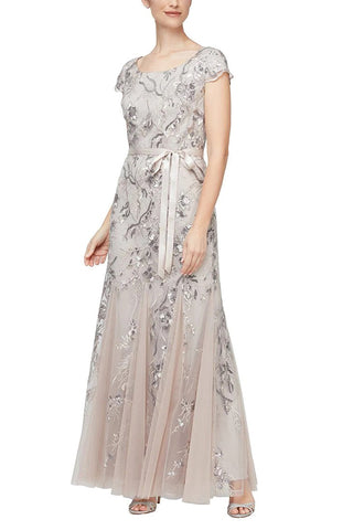 Alex Evenings Boat Neck Cap Sleeve Tie Waist Embroidered Mesh Gown With Godet Detail Skirt - TAUPE - Front 