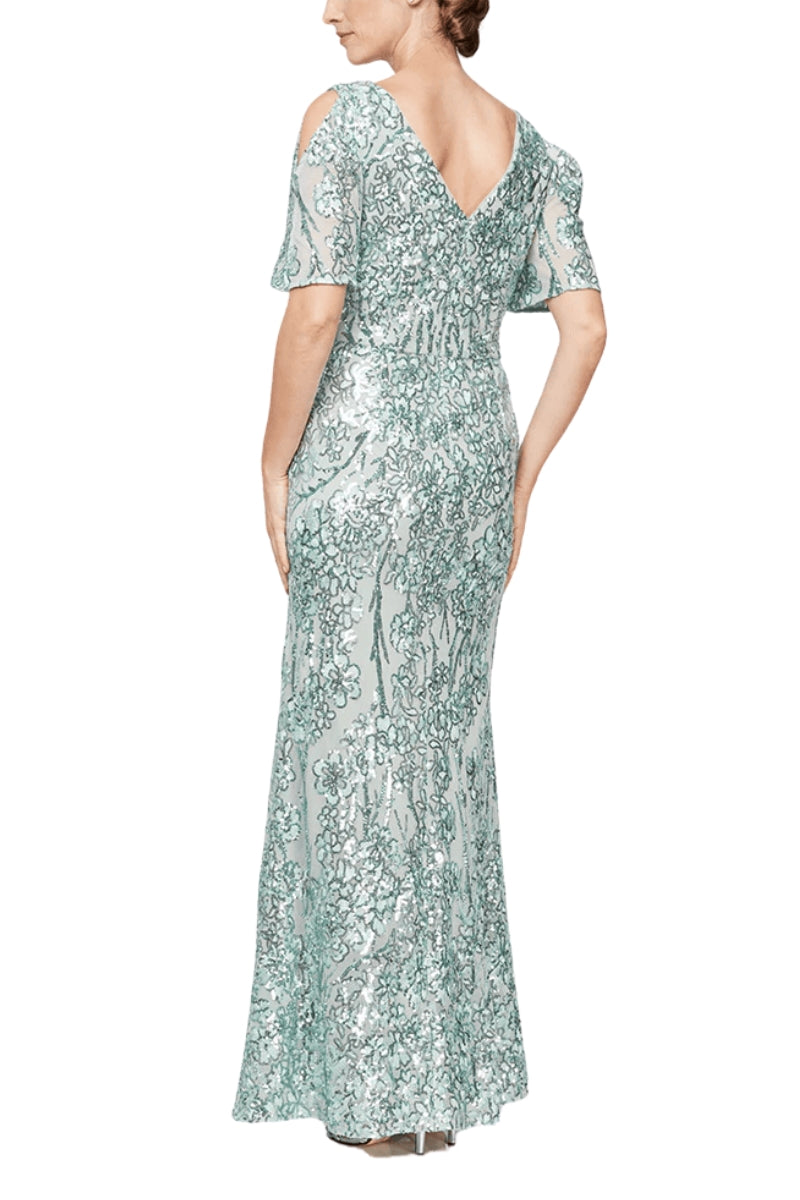 Alex Evenings V-Neck Cold Shoulder Short Flutter Sleeves V-Back Zipper Closure Shimmering Sequin Floor Length Silhouette Gown Dress | Available at Curated Brands in Los Angeles Alex Evenings V-Neck Cold Shoulder Short Flutter Sleeves V-Back Zipper Closure Shimmering Sequin Floor Length Silhouette Gown Dress | Available at Curated Brands in Los Angeles