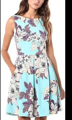 Taylor Boat Neck Sleeveless Box Pleat A-Line Zipper Back Floral Print Scuba Dress