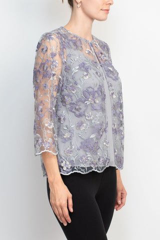 Alex Evenings 3/4 sleeve embroidered twinset with solid cami and hook neck closure jacket