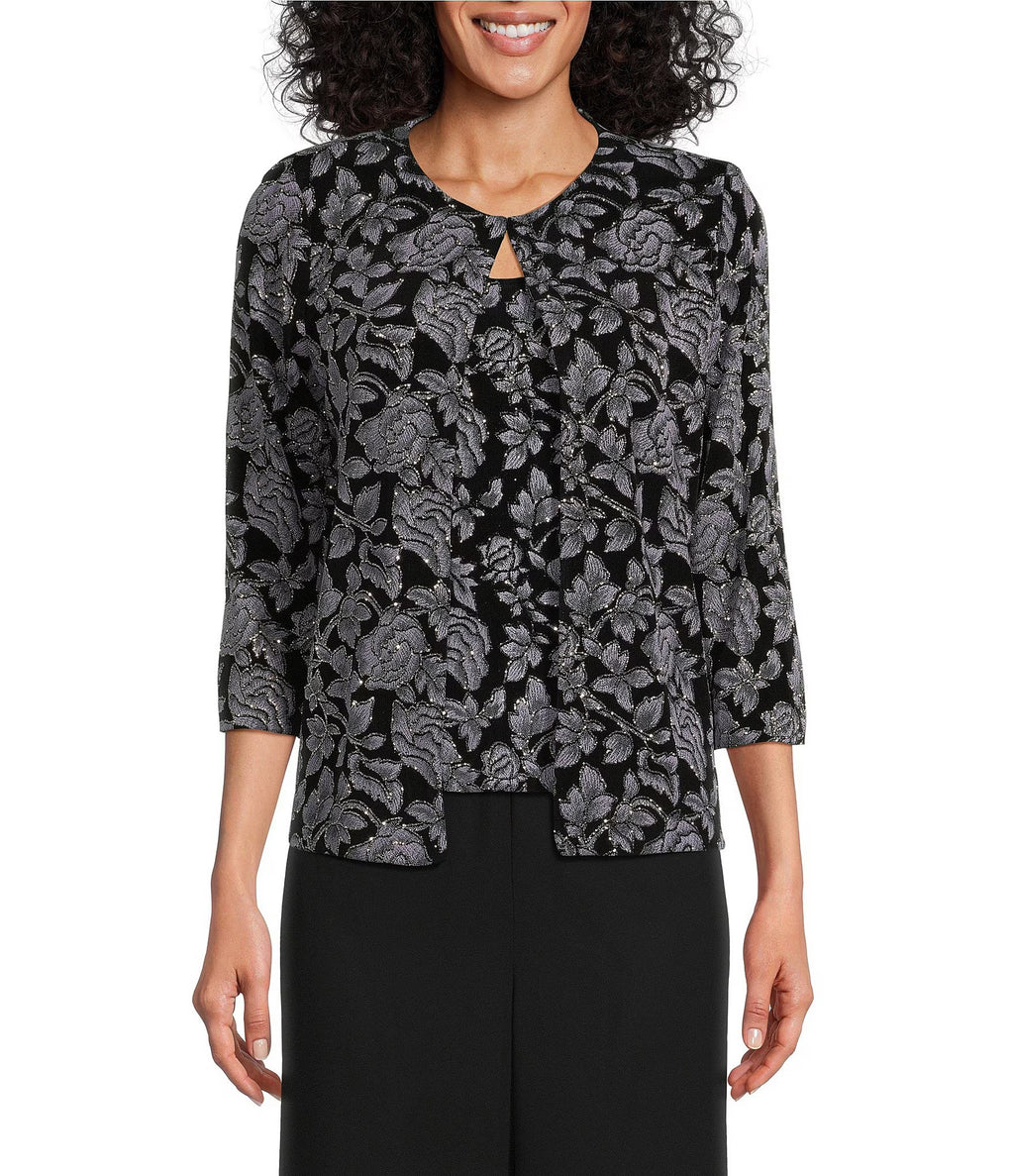 Alex Evenings 3/4 Sleeve Mandarin Collar Scoop Neck Floral 2-Piece ...