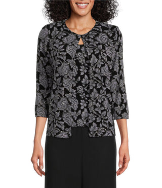 Alex Evenings 3/4 Sleeve Mandarin Collar Scoop Neck Floral 2-Piece Twinset (Petite) - WISTERIA BLACK - FRONT 