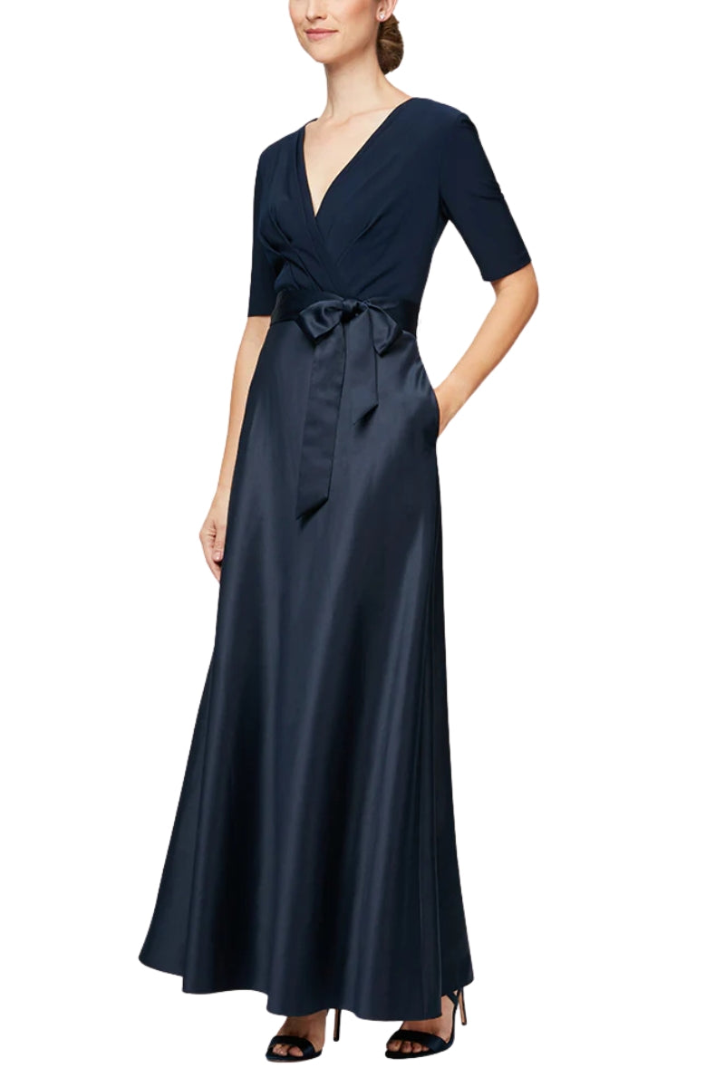 Alex Evenings Surplice V-Neckline Bodice Faux-Wrap with Matching Tie-Belt Side Seam Pockets Satin Skirt A-Line Ballgown Dress Alex Evenings Surplice V-Neckline Bodice Faux-Wrap with Matching Tie-Belt Side Seam Pockets Satin Skirt A-Line Ballgown Dress