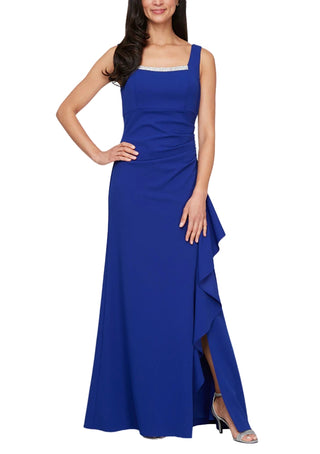 Alex Evenings Sleeveless Embellished Square Neckline Cascade Ruffled Skirt Dress with Bolero Jacket (Petite)