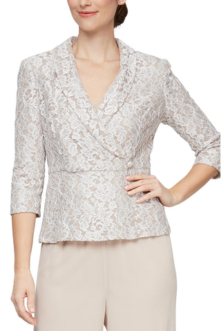 Alex Evenings V- Neck 3-4 Sleeves Side Button Closure Lace Top