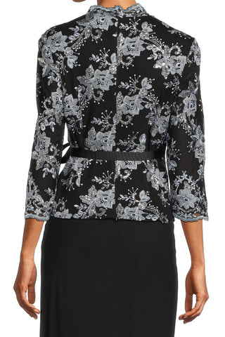 Alex Evenings V-neck 3/4 sleeve tie waist embellished mesh blouse - BLACK HYDRANGEA - Back 