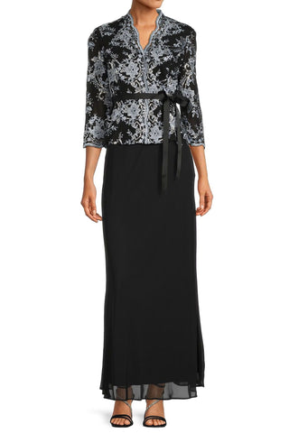 Alex Evenings V-neck 3/4 sleeve tie waist embellished mesh blouse - BLACK HYDRANGEA - Front full view