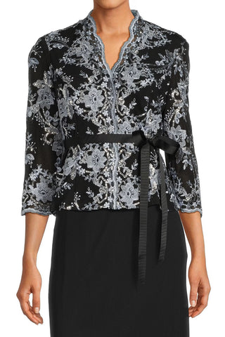 Alex Evenings V-neck 3/4 sleeve tie waist embellished mesh blouse - BLACK HYDRANGEA - Front 