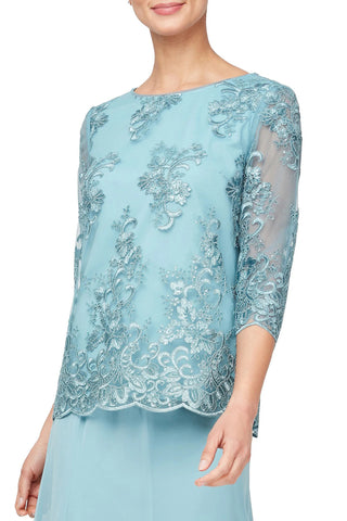 Alex Evenings 3/4 Sleeve Crew Neck Embroidered Scallop Hem Blouse - VINTAGE TEAL - FRONT