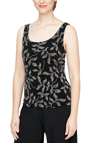 Alex Evenings Scoop Neck 3/4 Sleeve Glitter Printed Twinset - BLACK BUFF - Front view without jacket