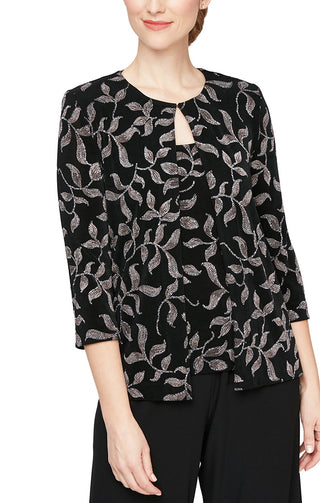 Alex Evenings Scoop Neck 3/4 Sleeve Glitter Printed Twinset - BLACK BUFF - Front 