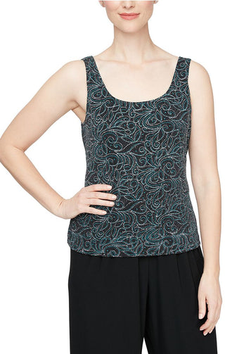 Alex Evenings Petite Size 3/4 Sleeve Printed Scoop Neck Twinset_BLACK TEAL_front inner view