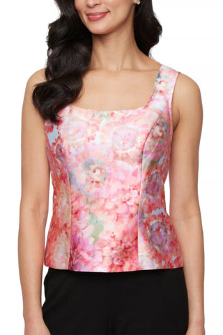 Alex Evenings Coral Floral Details Square Neckline Top with Quarter Sleeves Collared Jacket Mikado Twinset