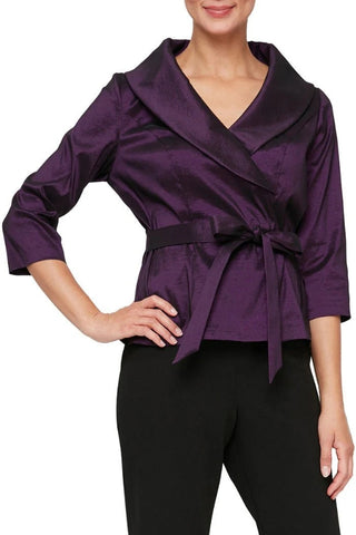 Alex Evenings 3/4 Sleeve Stretch Taffeta Blouse with Tie Waist Detail - PLUM - Front