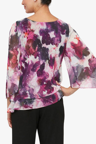 Alex Evenings Boat Neck Asymetrical Sleeve Floral Print Blouse