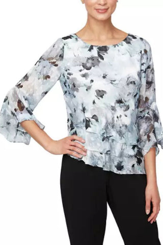 Alex Evenings 3/4 Sleeve Scoop Neck Asymmetrical Hem Floral Printed Blouse - IVORY MULTI - Front