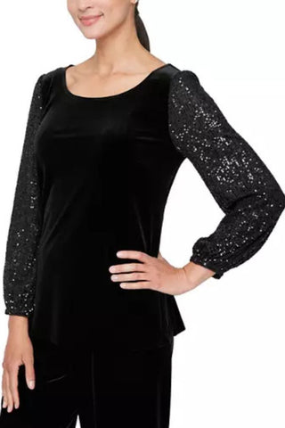 Alex Evenings Blouse With Embellished Ruched Waist - BLACK - FRONT 