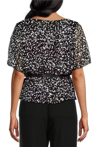 Alex Evenings Short Sleeve Sequin Scoop Neck Tie Waist Blouson Blouse - Black White - Back