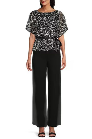 Alex Evenings Short Sleeve Sequin Scoop Neck Tie Waist Blouson Blouse - Black White - Front