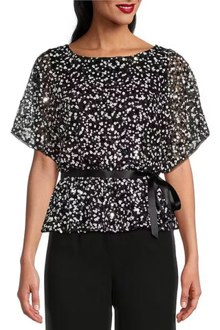 Alex Evenings Short Sleeve Sequin Scoop Neck Tie Waist Blouson Blouse - Black White - Front