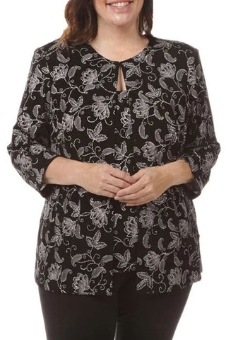 Alex Evenings 3/4 Sleeve Glitter Printed Mandarin Neck Twinset with Scoop Neck Tank and Hook Neck Closure Jacket (Plus Size) - WISTERIA BLACK - front