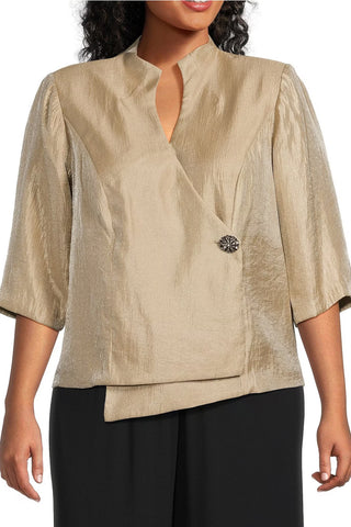 Alex Evenings 3/4 Sleeve V-Neck Asymmetric Overlay Hem Blouse (Plus Size) - TAUPE - FRONT 