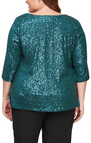 Alex Evenings 3/4 Sleeve Scoop Neck Sequin Tunic Blouse ( Plus Size ) - Teal - Back