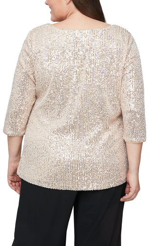 Alex Evenings 3/4 Sleeve Scoop Neck Sequin Tunic Blouse ( Plus Size ) - Taupe - Back