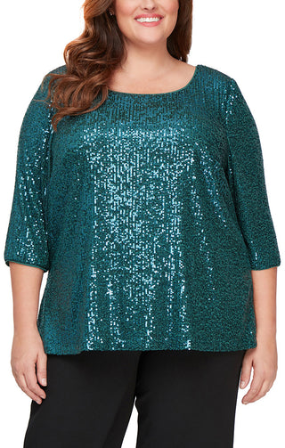 Alex Evenings 3/4 Sleeve Scoop Neck Sequin Tunic Blouse ( Plus Size ) - Teal - Front