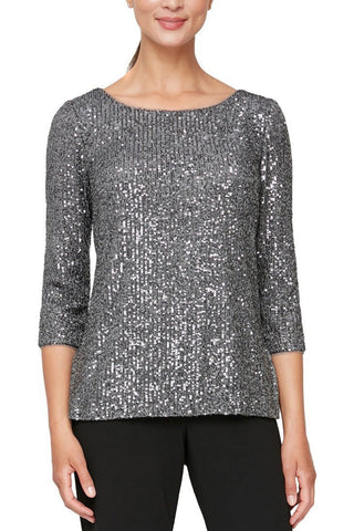 Alex Evenings 3/4 Sleeve Scoop Neck Sequin Tunic Blouse ( Plus Size ) - Pewter - Front