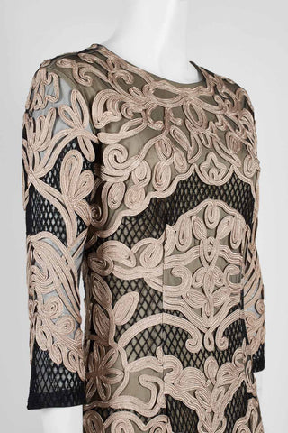 JS Collections Crew Neck Long Sleeve Zipper Back Soutache Embroidered Mesh Dress