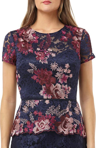 JS Collections Crew Neck Short Sleeve Popover Zipper Back Floral Embroidered Mesh Dress