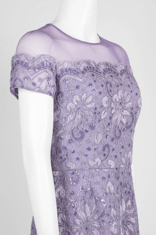 JS Collections Crew Neck Short Sleeve Illusion Slit Zipper Back Embellished Embroidered Mesh Dress