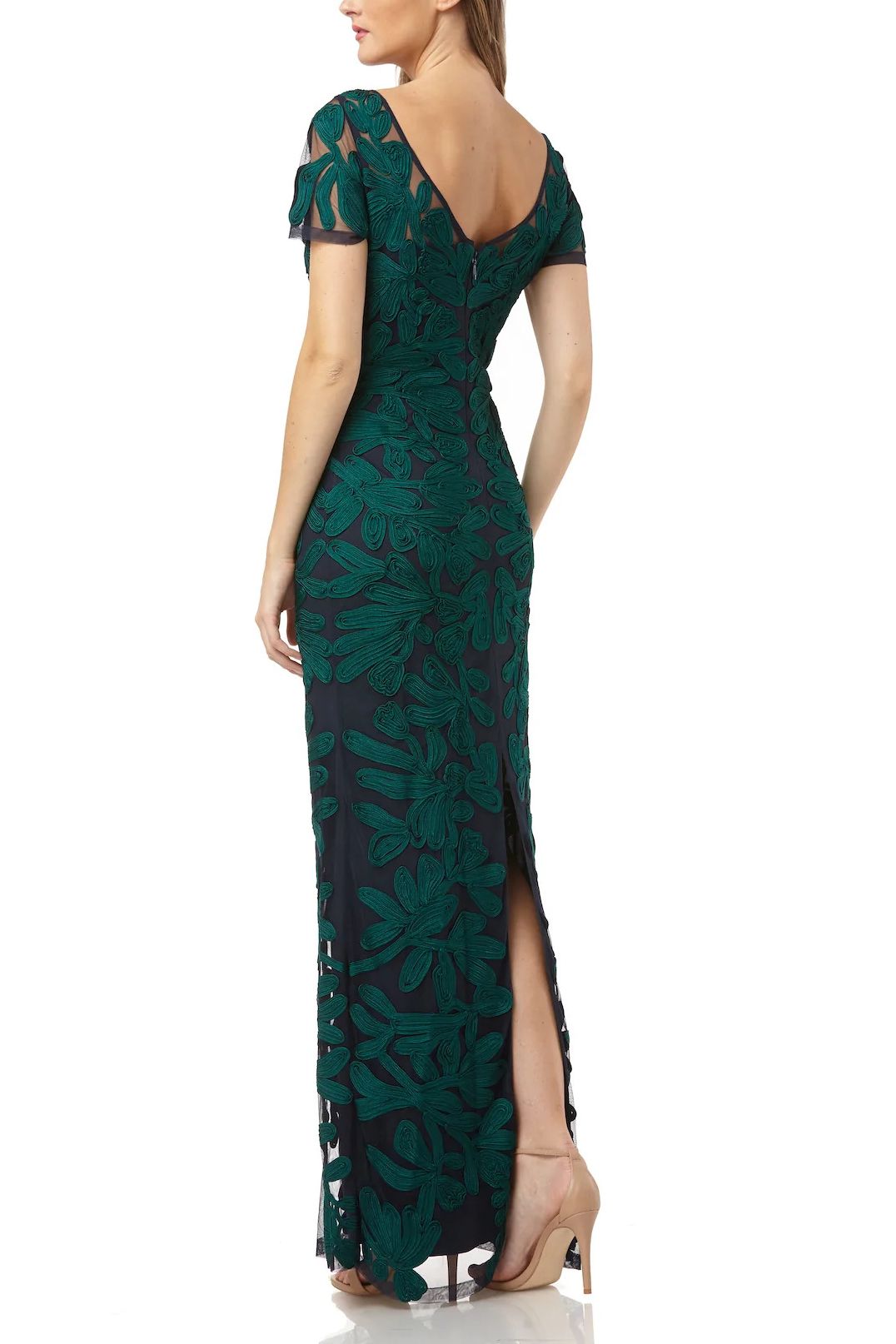 JS Collections Boat Neck Short Sleeve Zipper Slit Back Embellished Soutache Mesh Dress | Available at Curated Brands in Los Angeles JS Collections Boat Neck Short Sleeve Zipper Slit Back Embellished Soutache Mesh Dress | Available at Curated Brands in Los Angeles