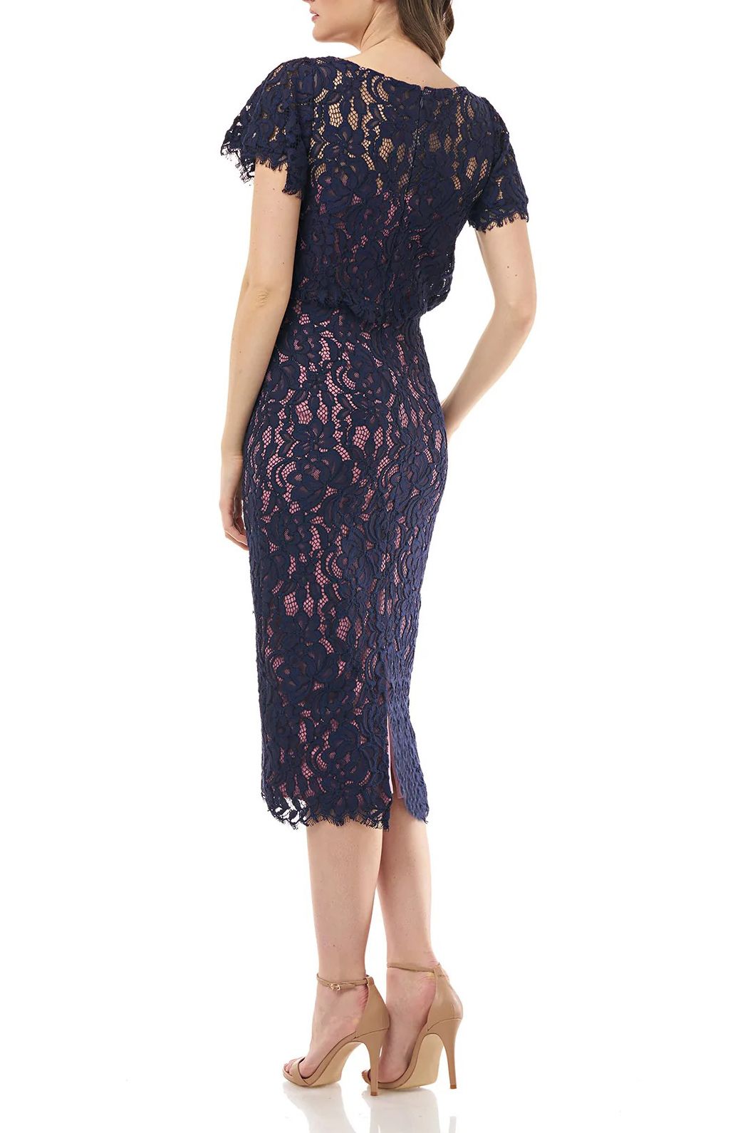 JS Collections Boat Neck Short Sleeve Blouson Zipper Back Lace Dress | Available at Curated Brands in Los Angeles JS Collections Boat Neck Short Sleeve Blouson Zipper Back Lace Dress | Available at Curated Brands in Los Angeles
