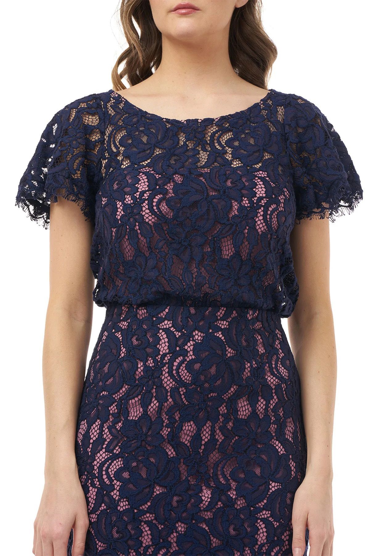 JS Collections Boat Neck Short Sleeve Blouson Zipper Back Lace Dress | Available at Curated Brands in Los Angeles JS Collections Boat Neck Short Sleeve Blouson Zipper Back Lace Dress | Available at Curated Brands in Los Angeles