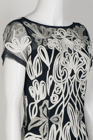 JS Collections Boat Neck Short Sleeve Zipper Back Art Nouveau Illusion Embellished Mesh Dress