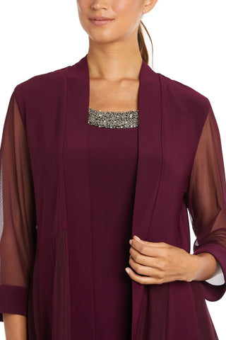 R&M Richards Three Piece Pants Suit Round Neck Sleeveless Top with Soft-Cut Draped Lapel Mesh Jacket Formal Dress