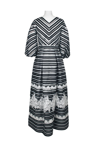 Theia V-Neck 3/4 Sleeve Zipper Back Stripe Print Embellished Organza Dress