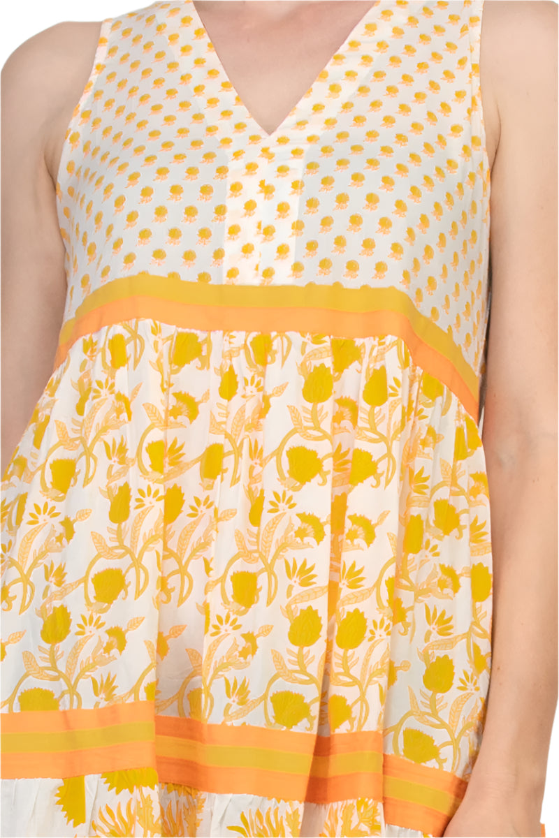Chelsea and Theodore V-Neckline Sleeveless Mixed Print Tiered A-Line Maxi Dress | Available at Curated Brands in Los Angeles Chelsea and Theodore V-Neckline Sleeveless Mixed Print Tiered A-Line Maxi Dress | Available at Curated Brands in Los Angeles